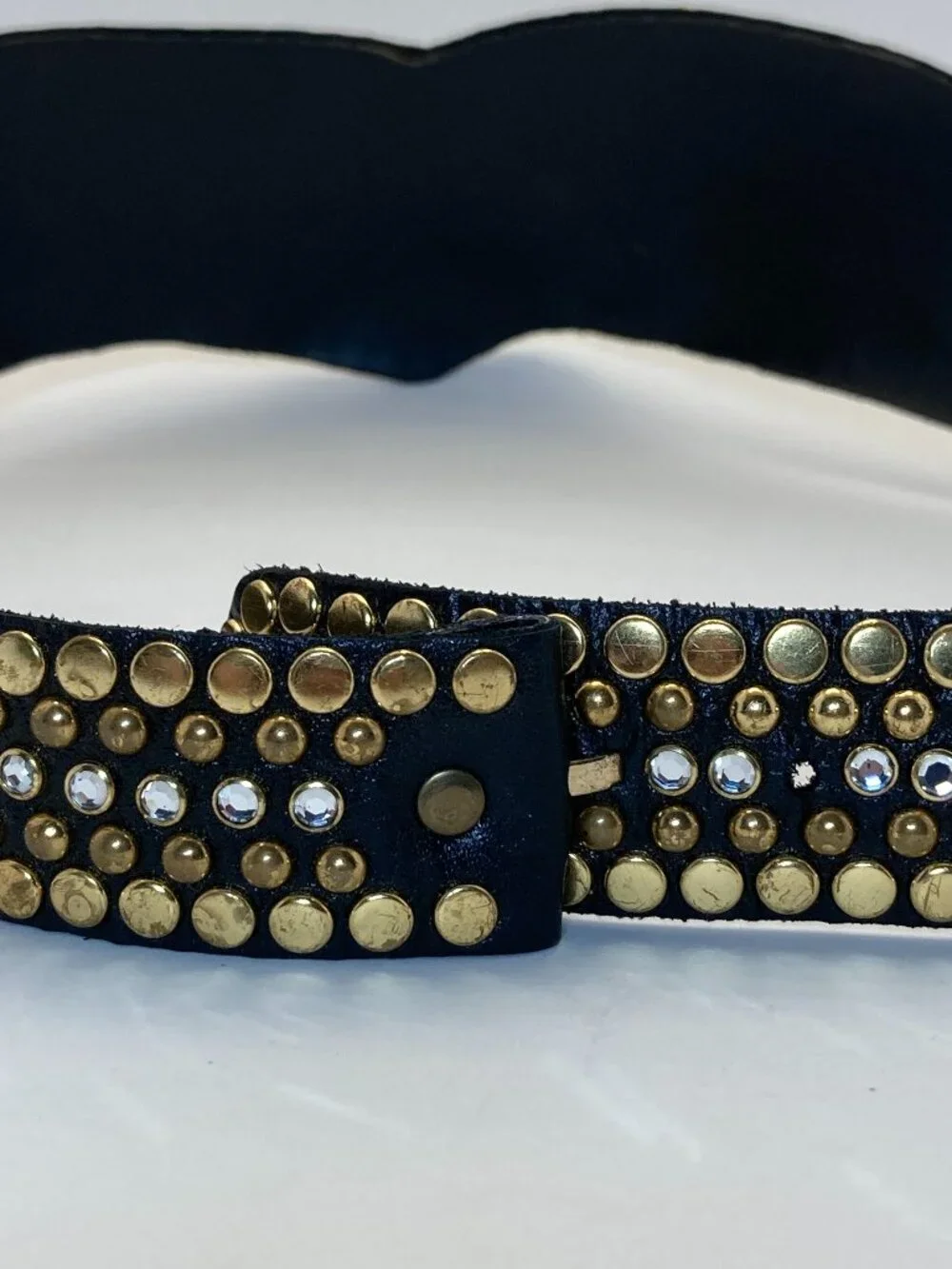 Kippys Vintage Western Belt Sz 34-37 Swarovski Crystal Black Leather Gold Studs